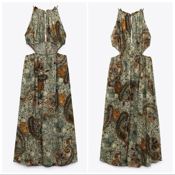 Zara Green Paisley Cutout Dress Size Large - Picture 6 of 13